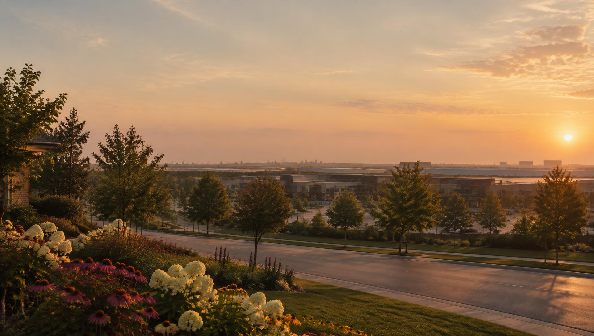 Brampton street at golden hour with flower gardens and distant industrial parks