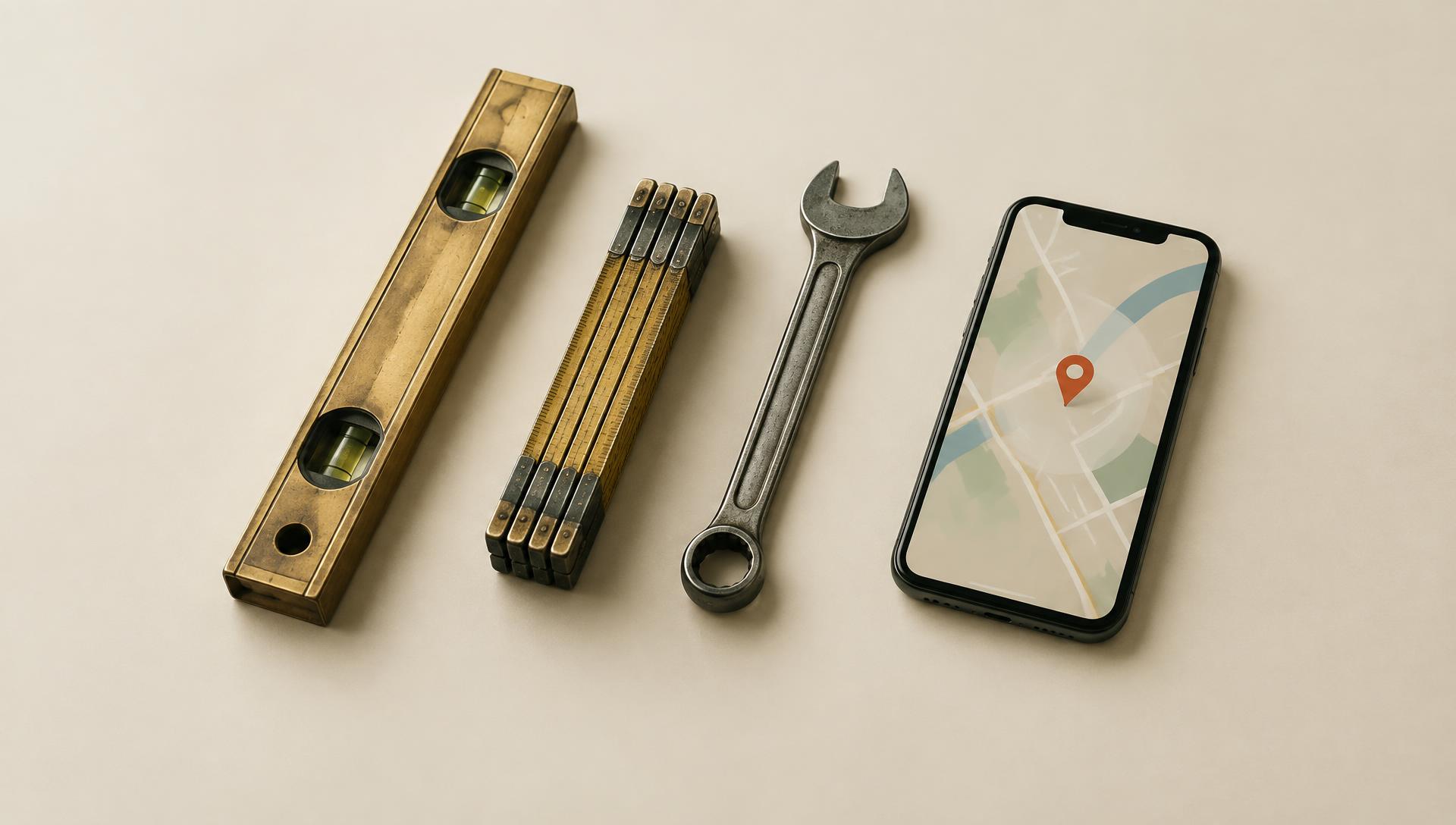 Trade tools beside a phone showing a local map pin