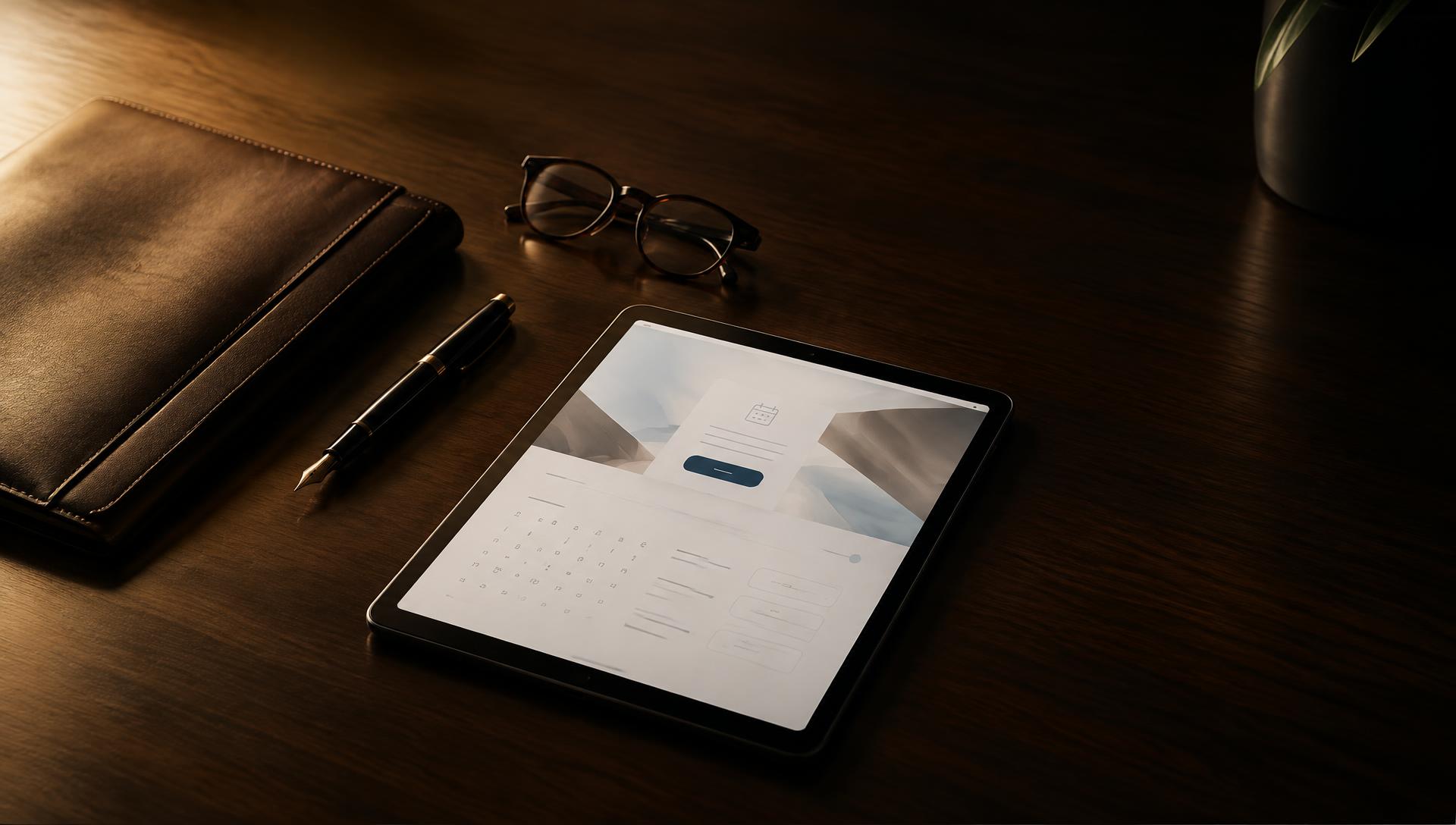 Tablet showing a consultation booking page on a walnut desk