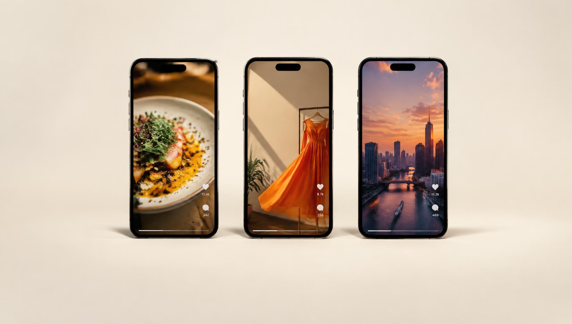 Short-form social videos shown on three phones